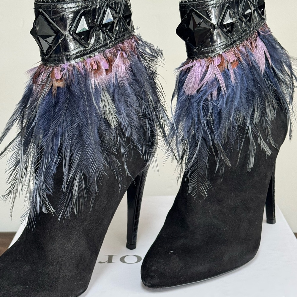 Dior Black and Pink Heeled Boots with Feather Detail